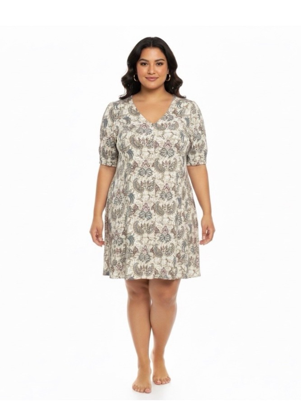 Avocado Neck Short Sleeve Printed Swing Dress Floral